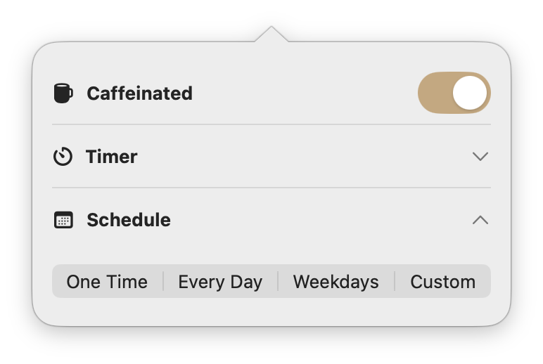 One Time, Every Day, Weekdays, and Custom scheduling options